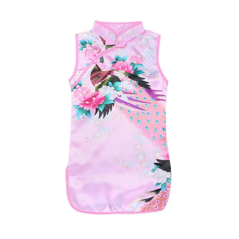

1-6 Years 8 Style Chinese Traditional Kids Girl Pretty Floral Peacock Cheongsam Colorful Silk Cheongsam Clothes For Baby Girls