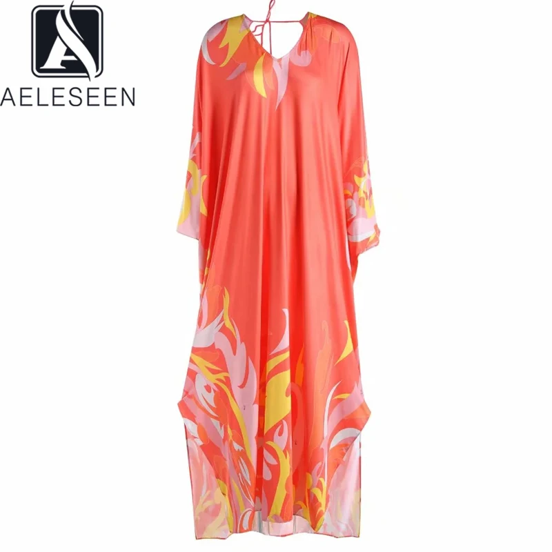 

AELESEEN Bohemian Women Spring Autumne Loose Dress Designer Fashion Bow V-Neck Batwing Sleeve Flower Print Casual Splited Dress