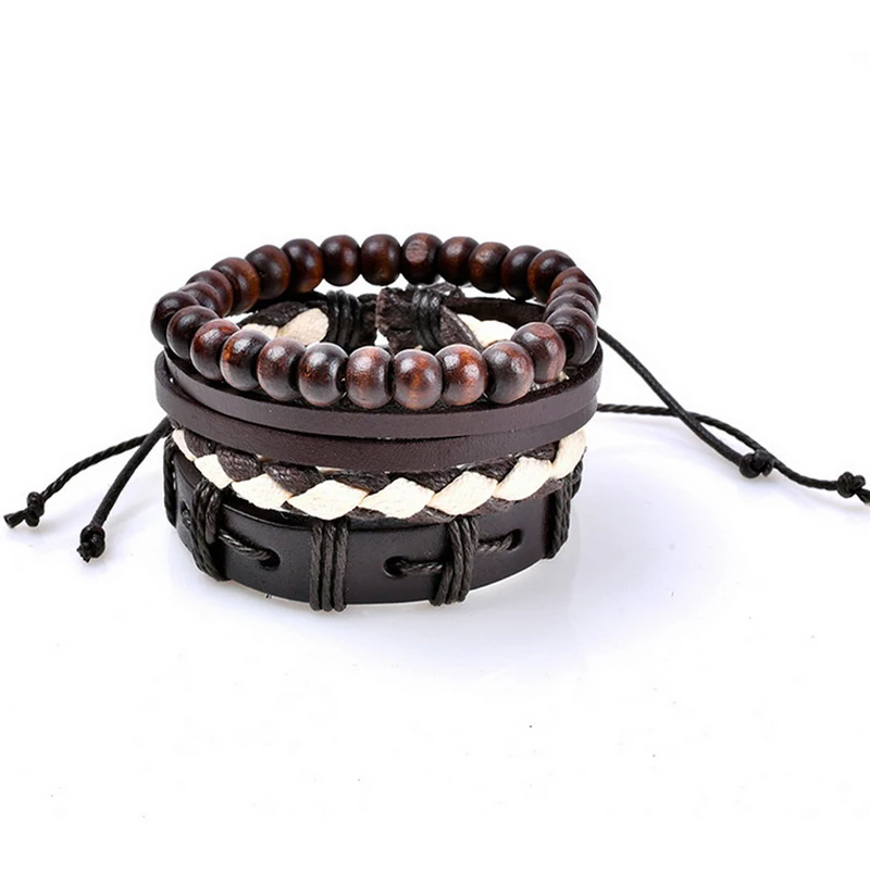 1 комплект Многослойный кожаный браслет мужские ювелирные изделия Boho Рок Браслеты из дерева для женщин винтажные браслеты и браслеты - Окраска металла: W