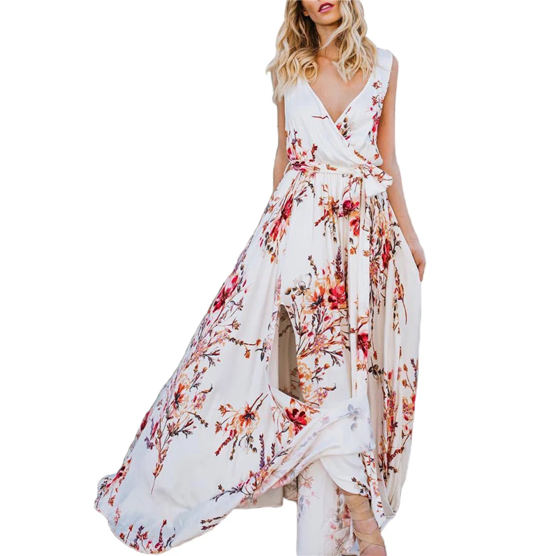 

2021 Summer Women's Floral Print Beach Dress Sexy Sleeveless Deep V Neck High Split Boho Maxi Dress Sundress Casual Long Dresses