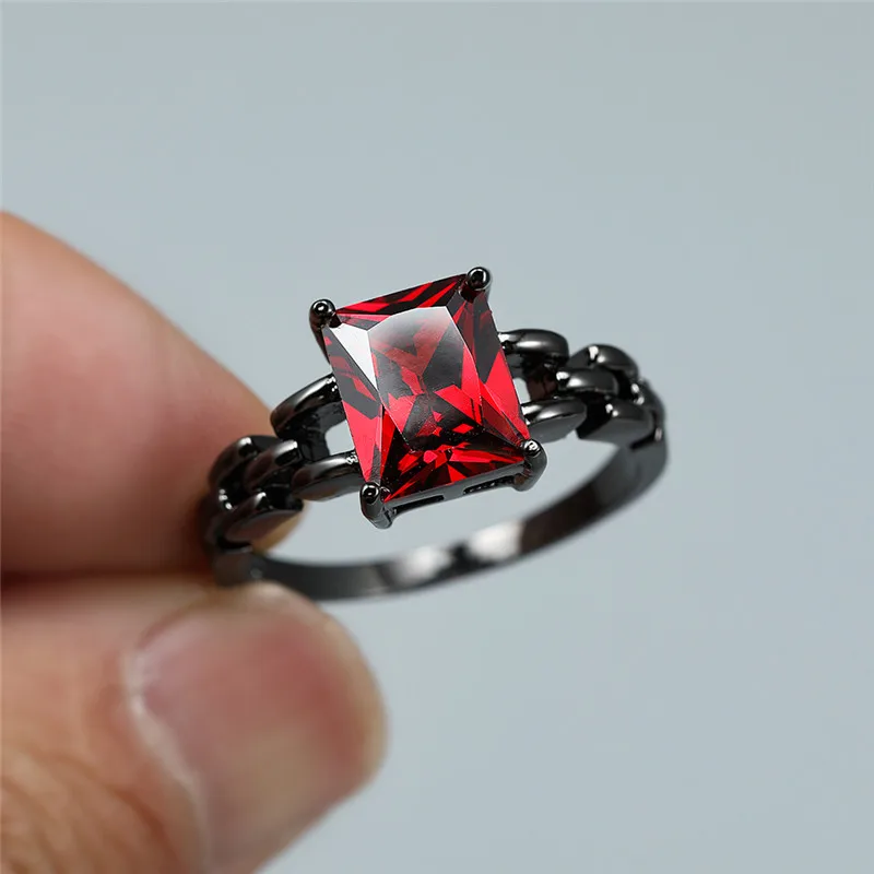 Geometric Red Purple Crystal Zircon Chain Rings For Women Vintage Fashion Black Gold Engagement Ring Female Birthstone Jewelry | Украшения