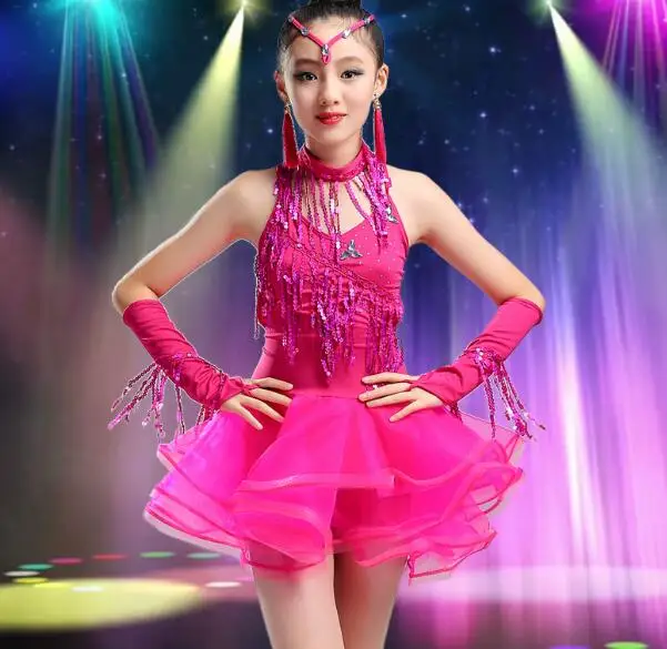

Children Professional latin Dancing Clothes Girls Latin Ballroom Dancing Dress Kids Salsa Tassels Stage Dancewear Costumes Dress