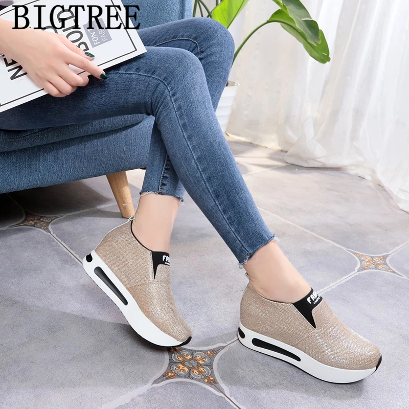 Женские Блестящие Кроссовки на танкетке высокие без шнуровки повседневная обувь