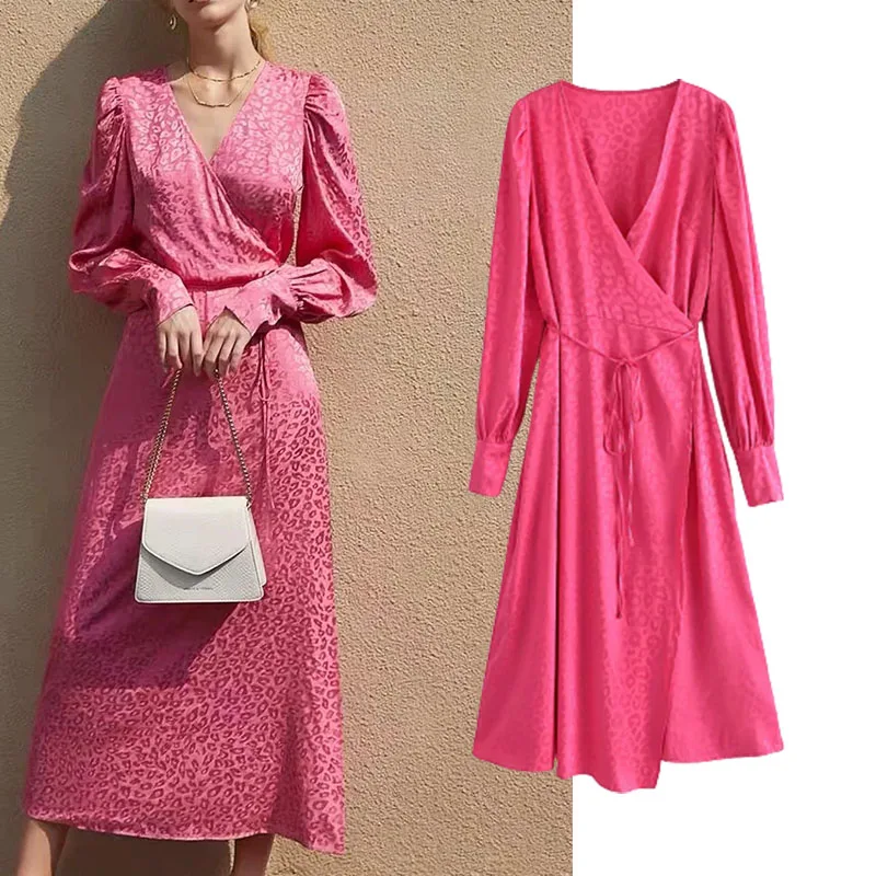 

Elegant dresses for women Fashion With Belt Solid color V-neck Vintage Long Sleeve Tied Midi Female Dresses Party Dress Vestidos