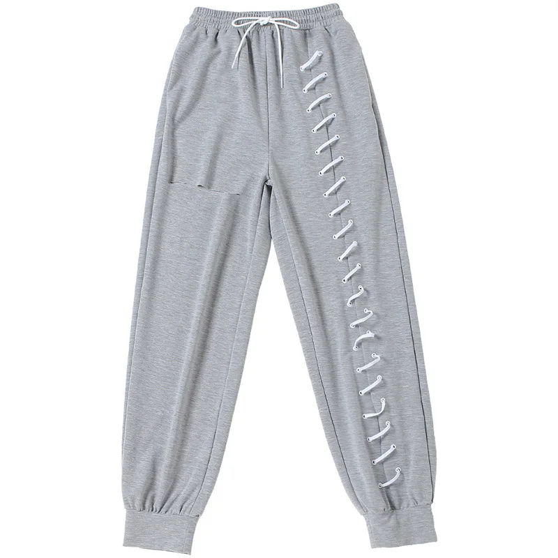 

2021 spring and summer new high-waist hole women's casual pants loose-fitting trousers street sports casual women's health pants