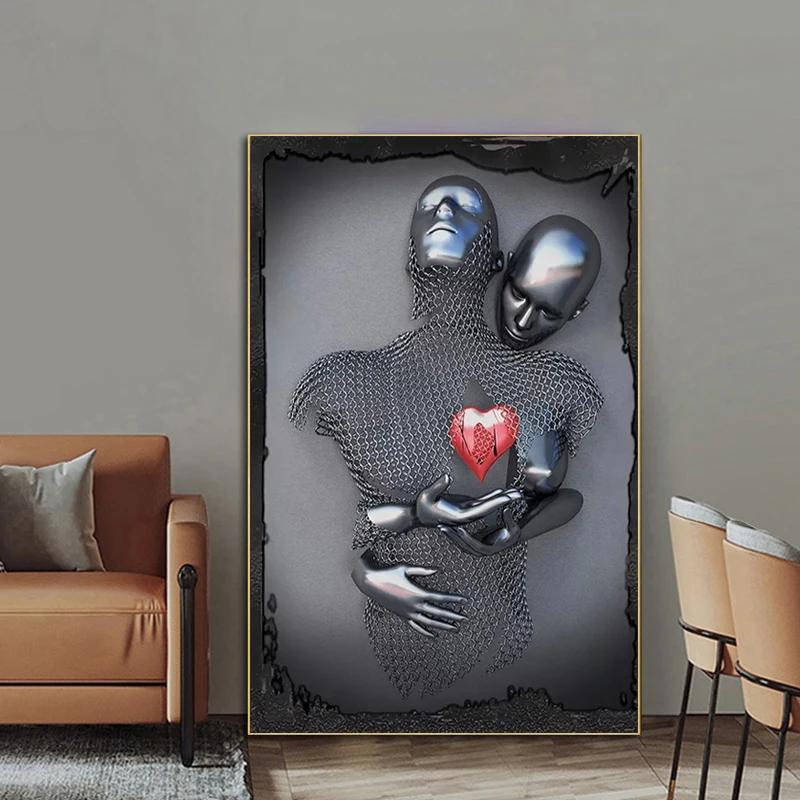 

Golden Red Heart Figure Statue Canvas Paintings On The Wall Art Pictures Modern Lovers Sculpture Posters and Prints Home Decor