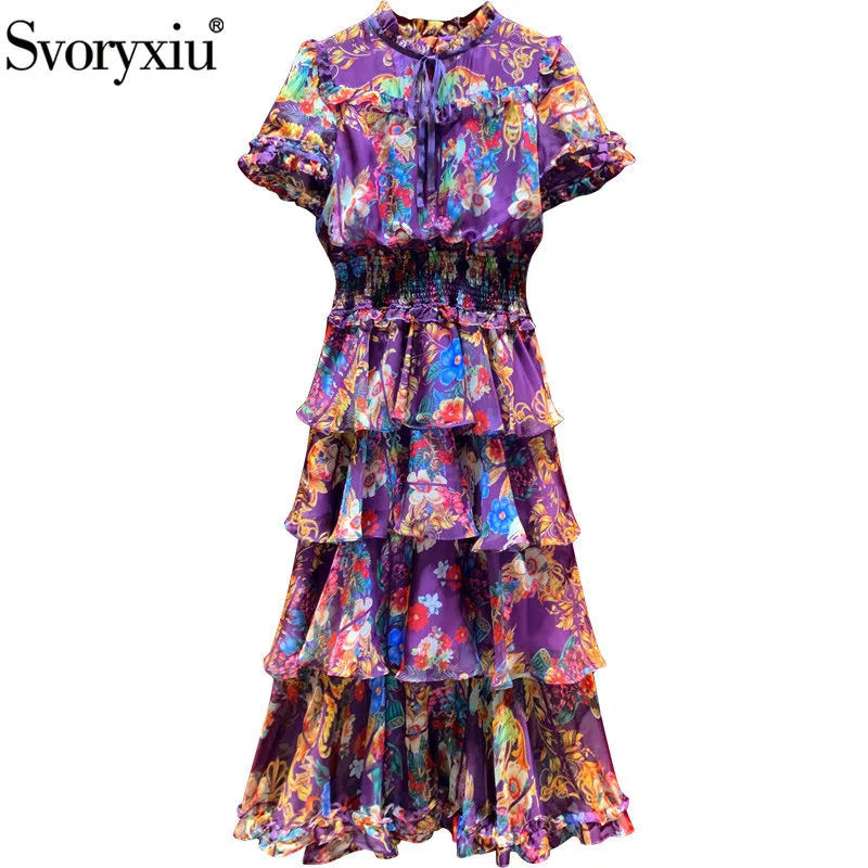 

Svoryxiu Designer High-End Summer Vintage Party Dresses Women's Short Sleeve Elastic Waist Flower Print Cascading Ruffle Dress