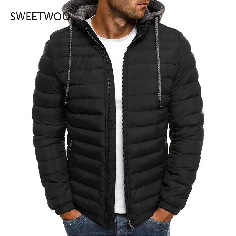 Winter Cotton Men's Down Jacket Hooded Long Sleeve Cardigan Zipper Pockets Solid Thick Fashion Casual Down Jacket