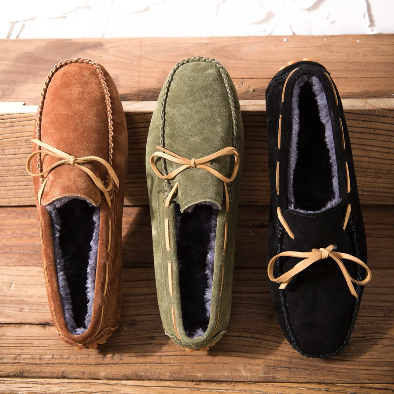 

Winter Plush Men Driving Shoes Loafers Suede Leather Boat Shoes Breathable Male Casual Flats Man Moccasins Plus Size 38-47 Black