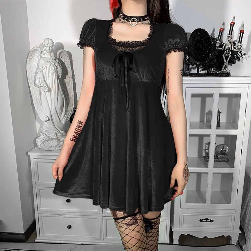 

Autumn New 2021 Fashion Gothic Womens Dress Solid Color Lace Splicing Square Collar Puff Sleeve High Waist Women Dress