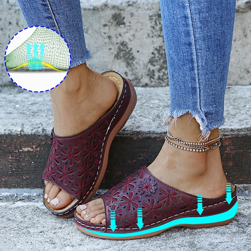 

Women's Wedges Heels Slippers 2021 Summer Platform Shoes Ladies Vintage Slides Hollow out Flowers Sewing Shoes Large Size 43