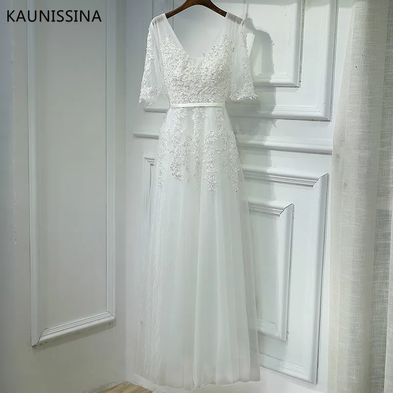 White 2 KAUNISSINA элегантное вечернее платье размера плюс с аппликацией, вечерние платья для выпускного вечера, вечерние платья с v-образным вырезом, настоящая фотография, Vestido 14 размера s - Цвет: White 2