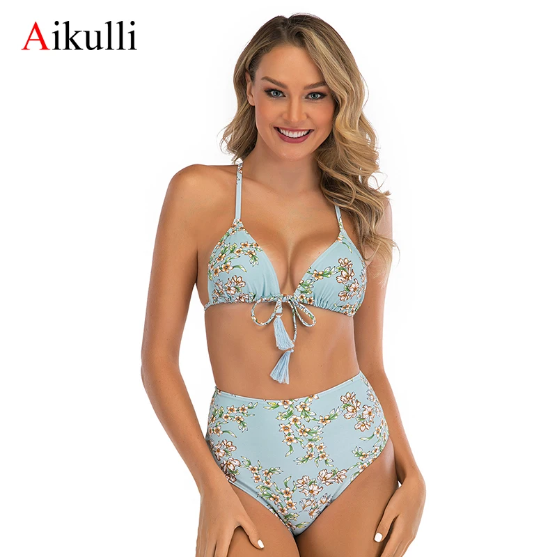 

Aikulli Bikini Sexy Swimsuit Women Backless Halter Bandage Print Bathing Suits Bikini Set 2020 Swimwear High Waist Shorts Floral