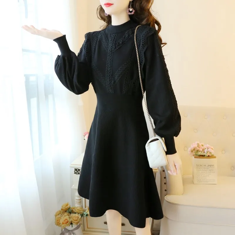 Женское трикотажное платье-свитер длинное приталенное платье с кружевными