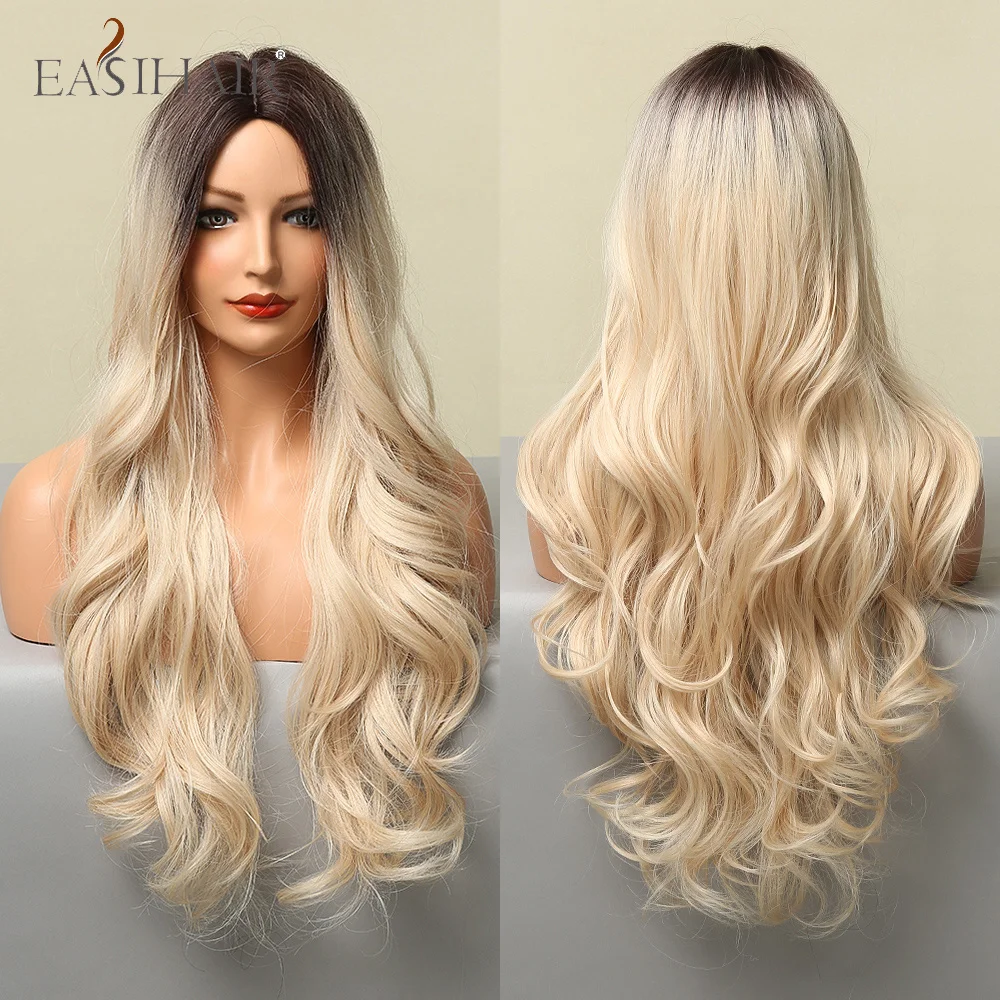 

EASIHAIR Long Ombre Brown Light Blonde Wavy Synthetic Wigs Middle Part Cosplay Party Daily Heat Resistant Hair Wigs for Women