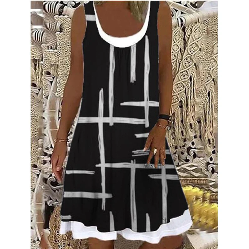 

Loose Casual Fake Two Piece Dress Summer Women Sleeveless Denim Blue Print Straight Dresses S-3XL Large Size Boho Sundress