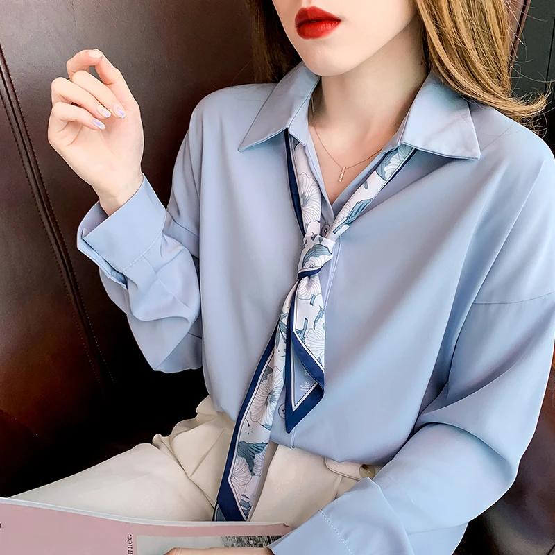 

Шифоновая Свободная Женская рубашка, новая модная однотонная блузка с бантом, Весенняя Повседневная рубашка с длинным рукавом