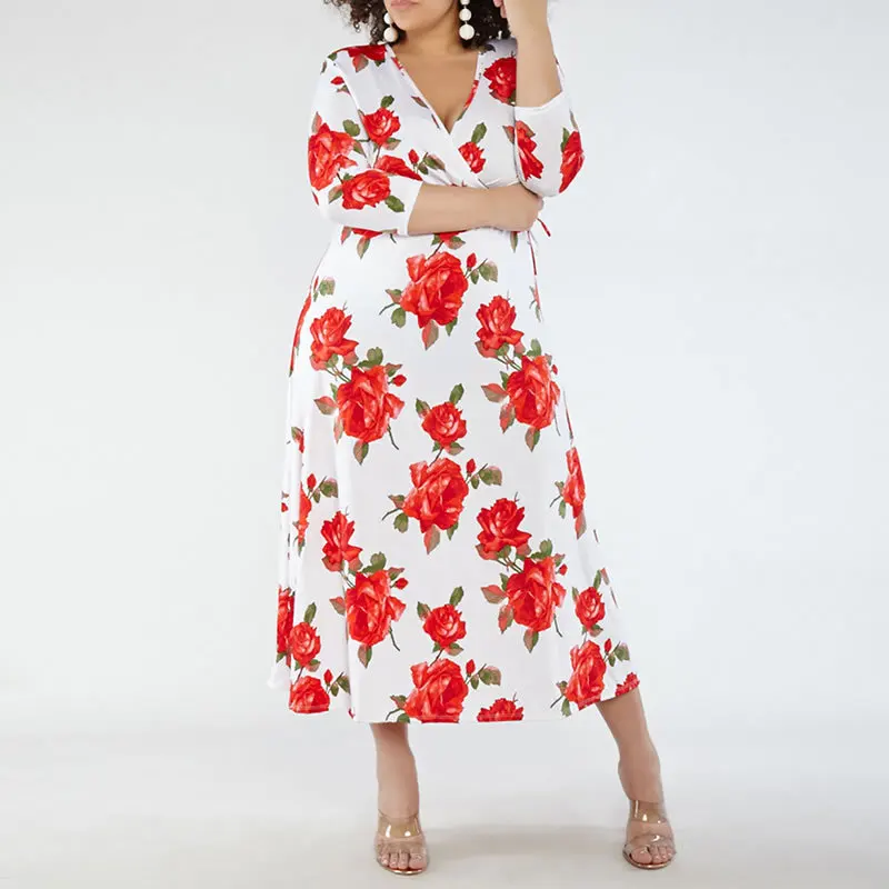 

4XL 5XL Vintage Dress Casual Sashes V-Neck Print A-Line Dresses Woman Party Night Maxi Dresses for Women Plus Size Vestidos