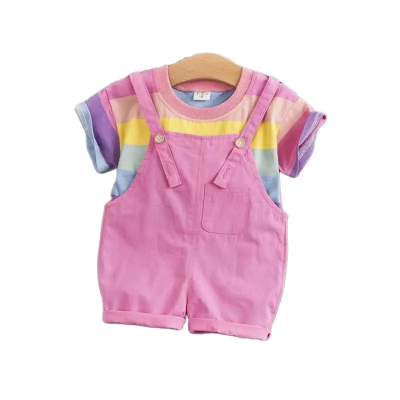 Комплекты одежды для маленьких девочек модные топы в радужную полоску +