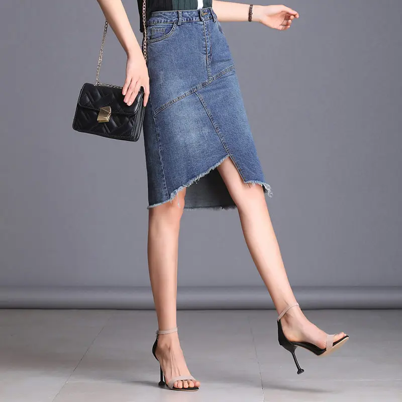 Эластичная джинсовая юбка женская летняя модная с высокой талией размера плюс