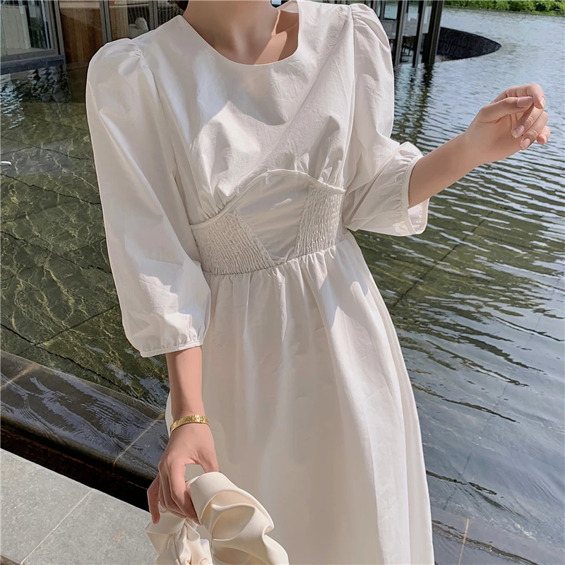 

COIGARSAM Three Quarter Women dress Solid Puff Sleeve O-Neck High Waist Dresses White Blue 3099