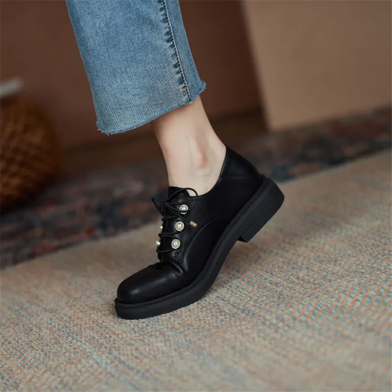 

2021 Spring New Women Single Shoes Round Toe Chunky Heel Lace-Up Fashion and Versatile Breathable Commuter Shoes Item No.AJ2056
