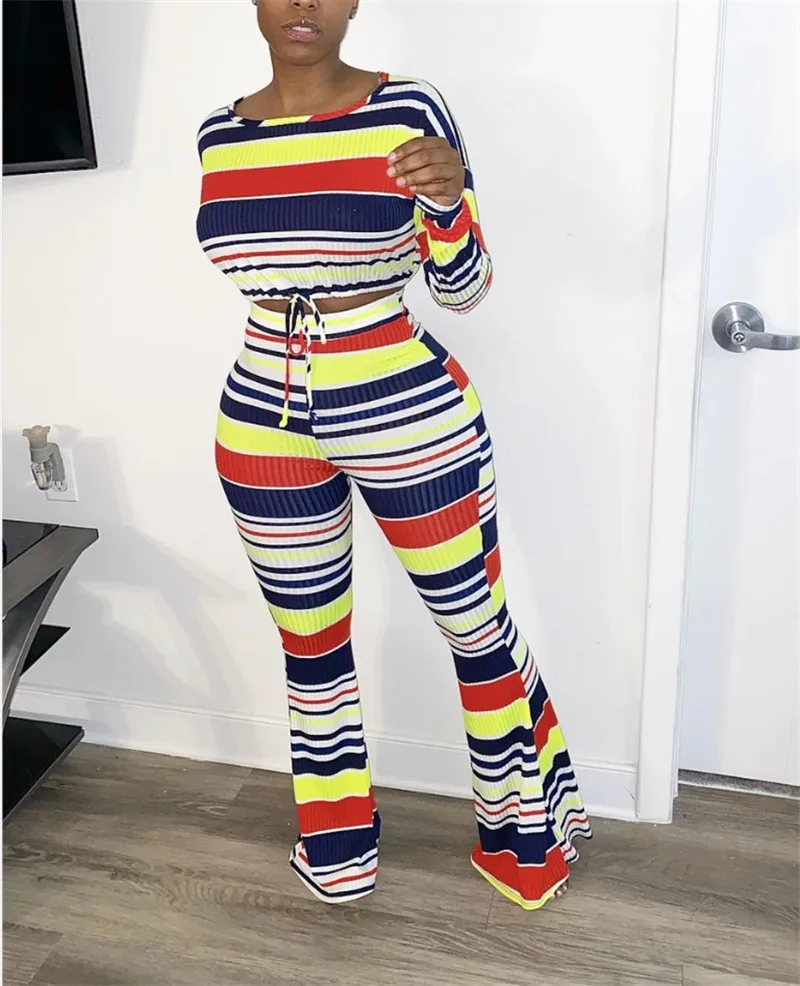 

CHRONSTYLE Women Tracksuit Striped 2 Pieces Set Sexy O-neck Long Sleeve T-shirt Crop Tops High Waist Long Flared Pants Trousers