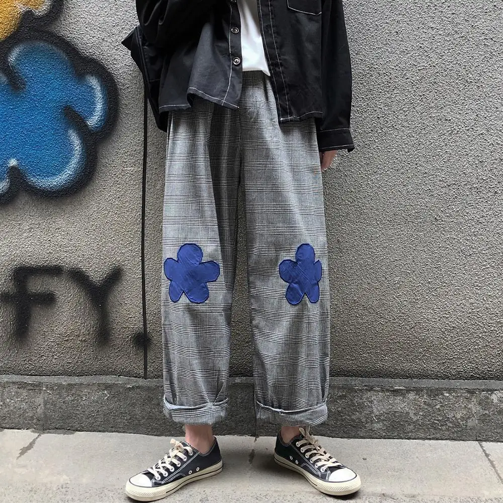 2020 мужские широкие брюки с вышитым цветочным принтом повседневные в клетку для