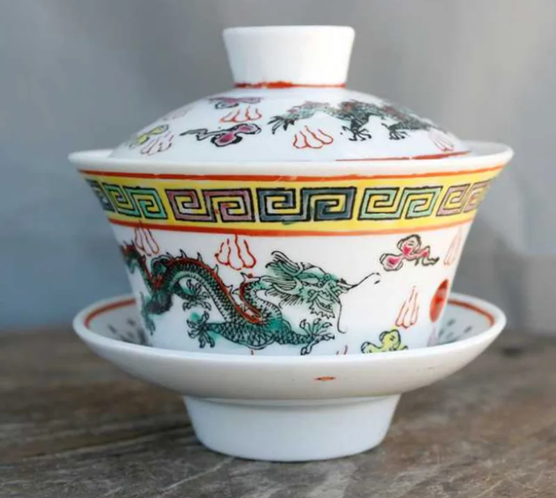 Ручная роспись Shuanglong Xizhu Gaiwan Jingdezhen Культурная революция Фарфоровая керамика