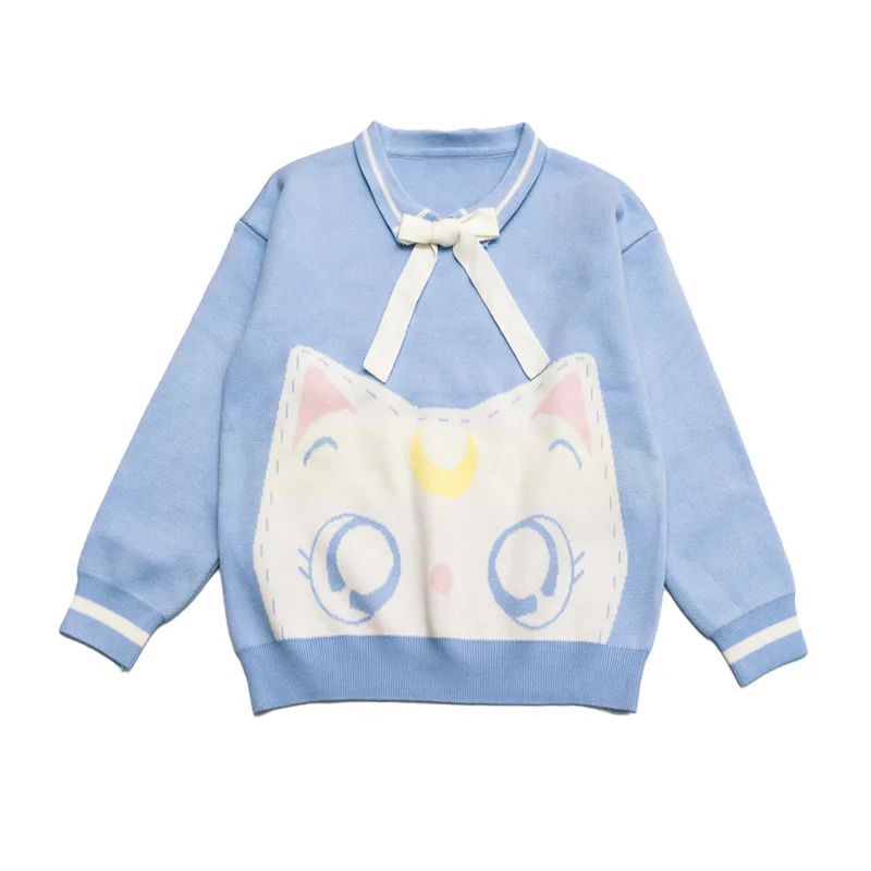 

Blue Cat Jacquard O-neck Sweater, Autumn New Preppy Style Casual Loose Knit Sweater, Winter Warmth, Thick Blouse, Outer Pullover