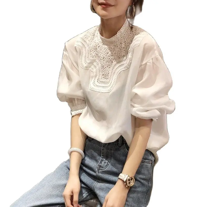 

Lantern sleeve bubble white lace shirt women's early autumn top chiffon shirt 2020 summer new style