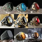 Турецкое Винтажное кольцо ручной работы для мужчин и женщин, серебряное кольцо с резным узором, инкрустированное красным синим цирконием, вечерние байкерские кольца в стиле панк