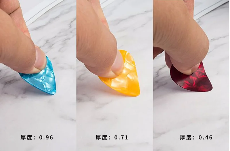 heißer 2019 neue 10 pcs akustische picks plektrum celluloid elektro glatte gitarre pick zubehör 046mm 071mm 096mm zufällige farbe fr