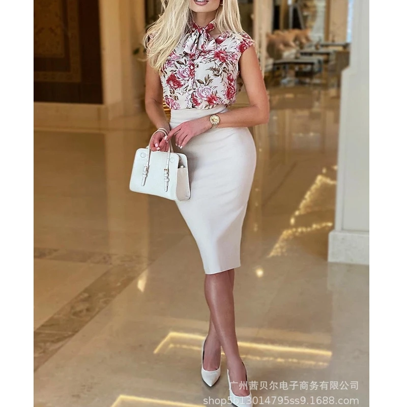 

WEPBEL Women's Casual Printed Slim Suit Summer High Waist Pencil Skirt + Sleeveless Single-Breasted V-neck Shirt Suit