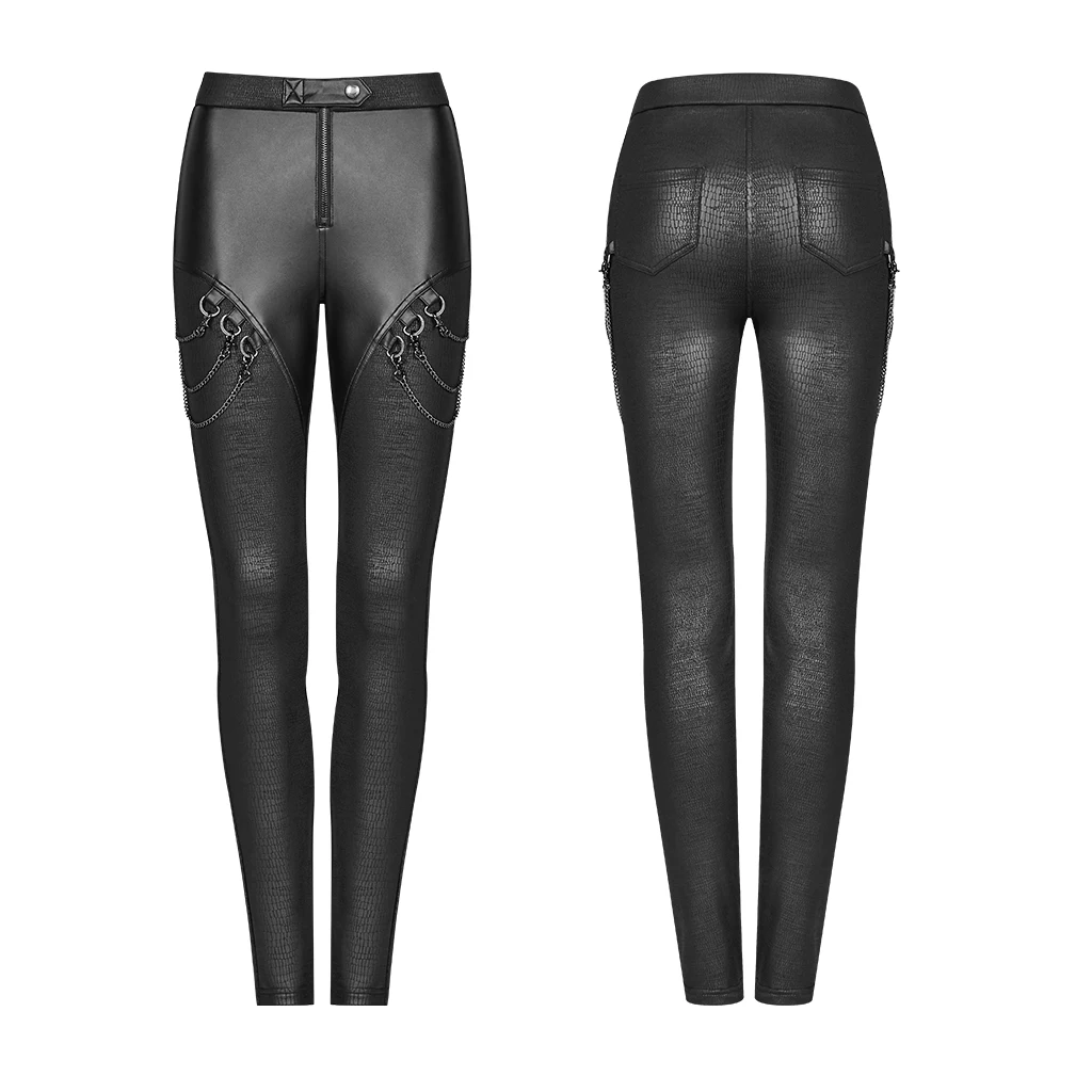 PUNK RAVE Women Gothic Faux Leather Skinny Leggings with Metal Chains Rock Pencil Pants Streetwear Casual Women Sexy Leggings