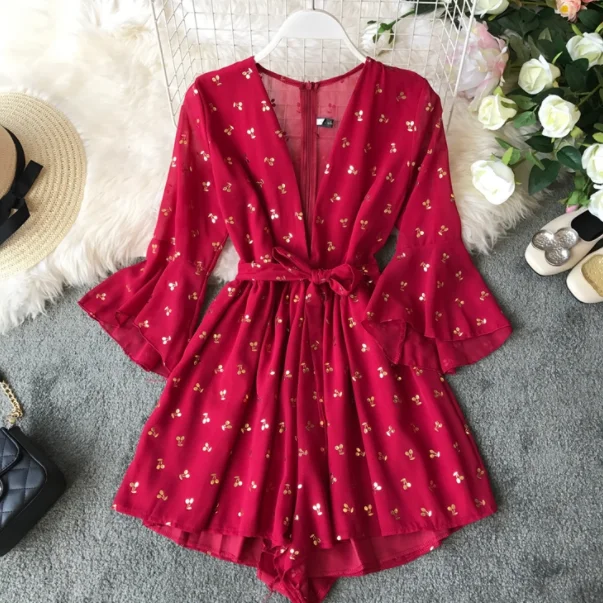 Женский шифоновый комбинезон элегантный пикантный короткий красного цвета с