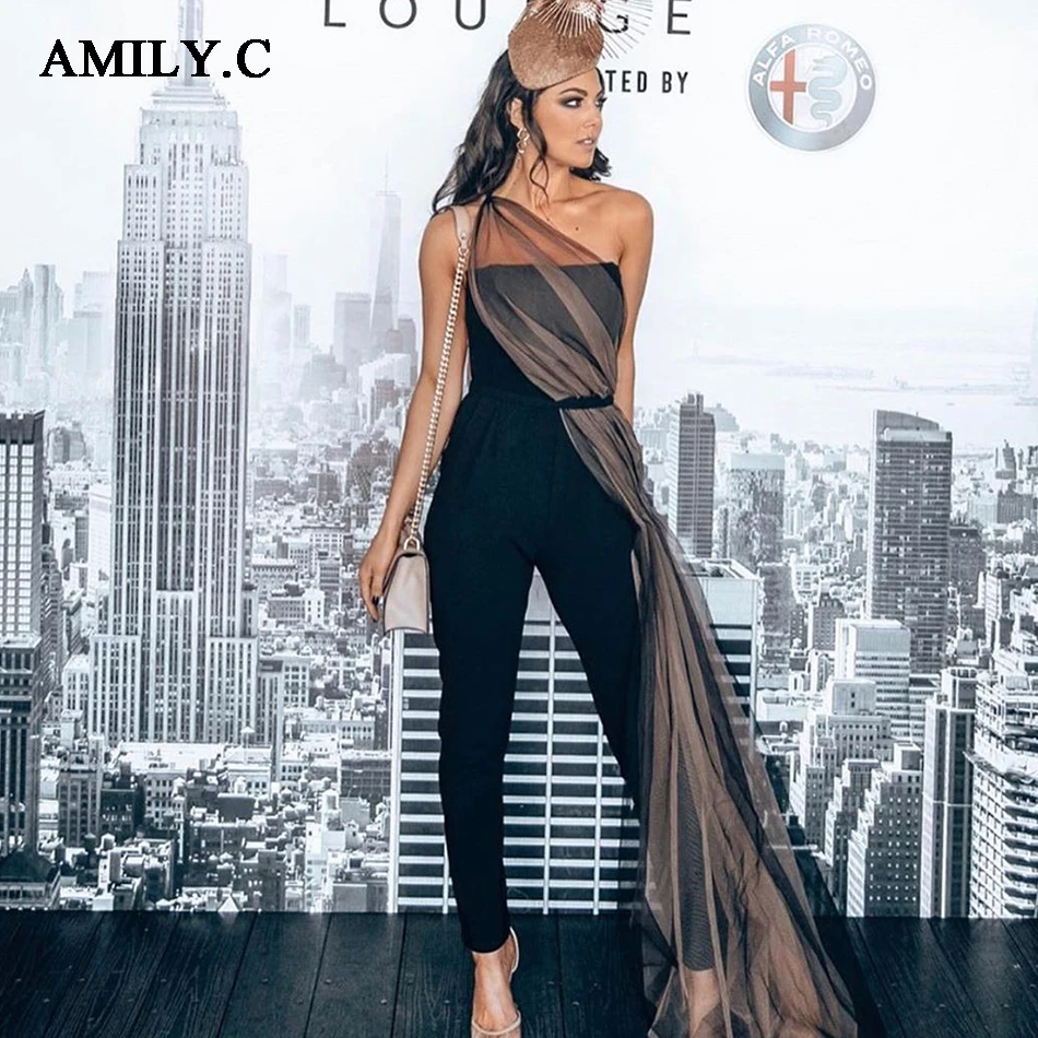 Женский комбинезон на одно плечо Amily.c черный облегающий весна 2020|Женские