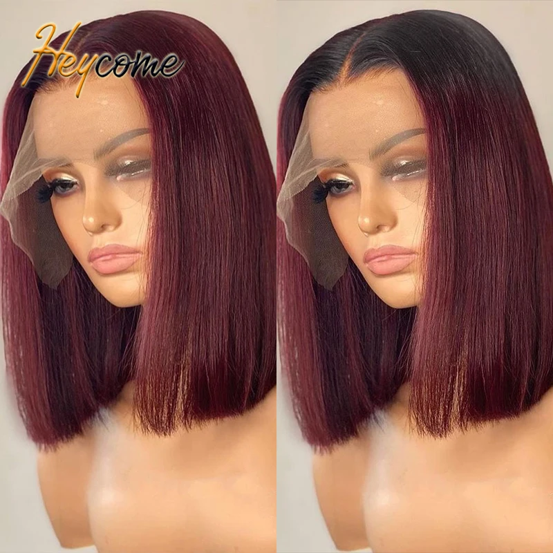 

Heycome 99J 8-16 Inch Short Bob 13x4 Lace Front Wig Straight Burgundy Human Hair Wigs Brazilian Remy Pre Plucked 150% Density