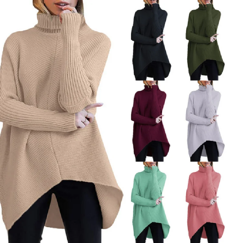 

Women's High Neck Long-Sleeved Bat Sleeves Asymmetrical Hem Pullover Sweater Knit Top XXL-S