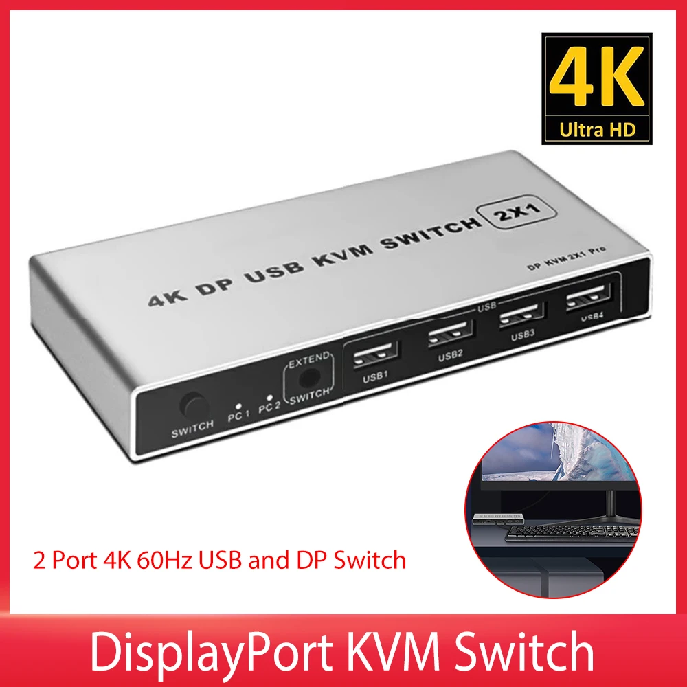 

DisplayPort KVM Switch 2 Port 4K 60Hz USB and DP Switch for 2 Computers Share Keyboard Mouse Printer Monitor for Laptop/PC/Xbox