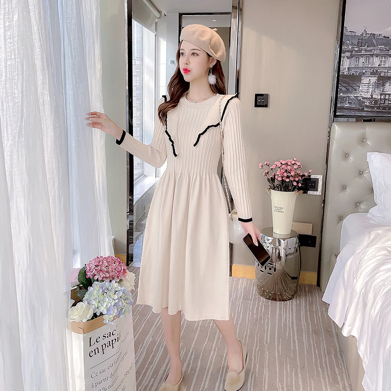 

Winter Ruffles Knitted Dresses Women Pullover Sweater For Female Long Sleeve O-Neck A-Line Pink Dresses Mujer Vestidos Autumn