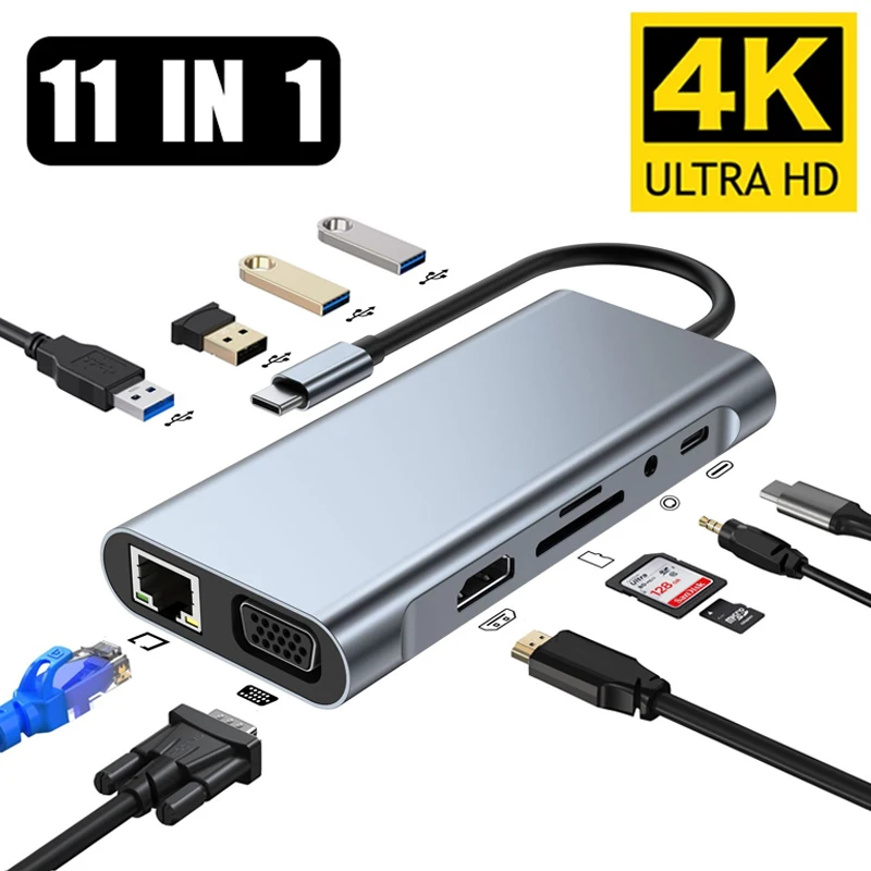 

USB-концентратор Тип C к HDMI-совместимая док-станция RJ45 5 6 8 11 портов с PD TF SD AUX usb-хаб 3 0 разветвитель для MacBook Air Pro PC Hub