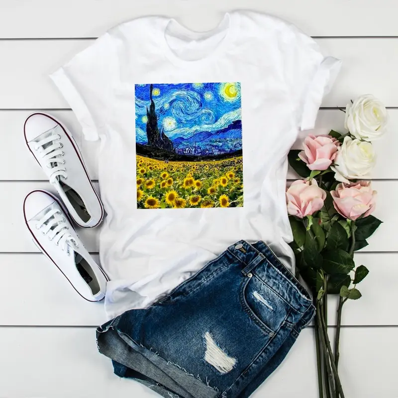 

Женская футболка с принтом Ван Гога, модные белые топы с круглым вырезом в стиле Харадзюку, милая Повседневная Женская футболка из ткани, фу...