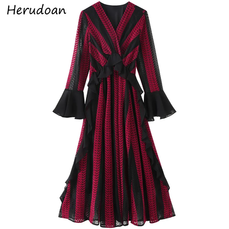 

Herudoan Fashion Runway Summer A Line Midi Dress Women V-Neck Flare Sleeve Patchwork Club Party Female Sexy Lace Long Dress