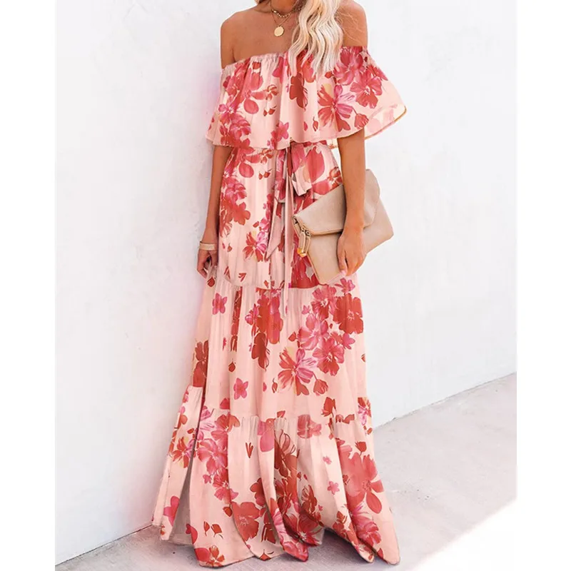 

2021 straight neck off shoulder fashion women's chest wrapped short sleeve gradient printed long skirt temperament sexy dress