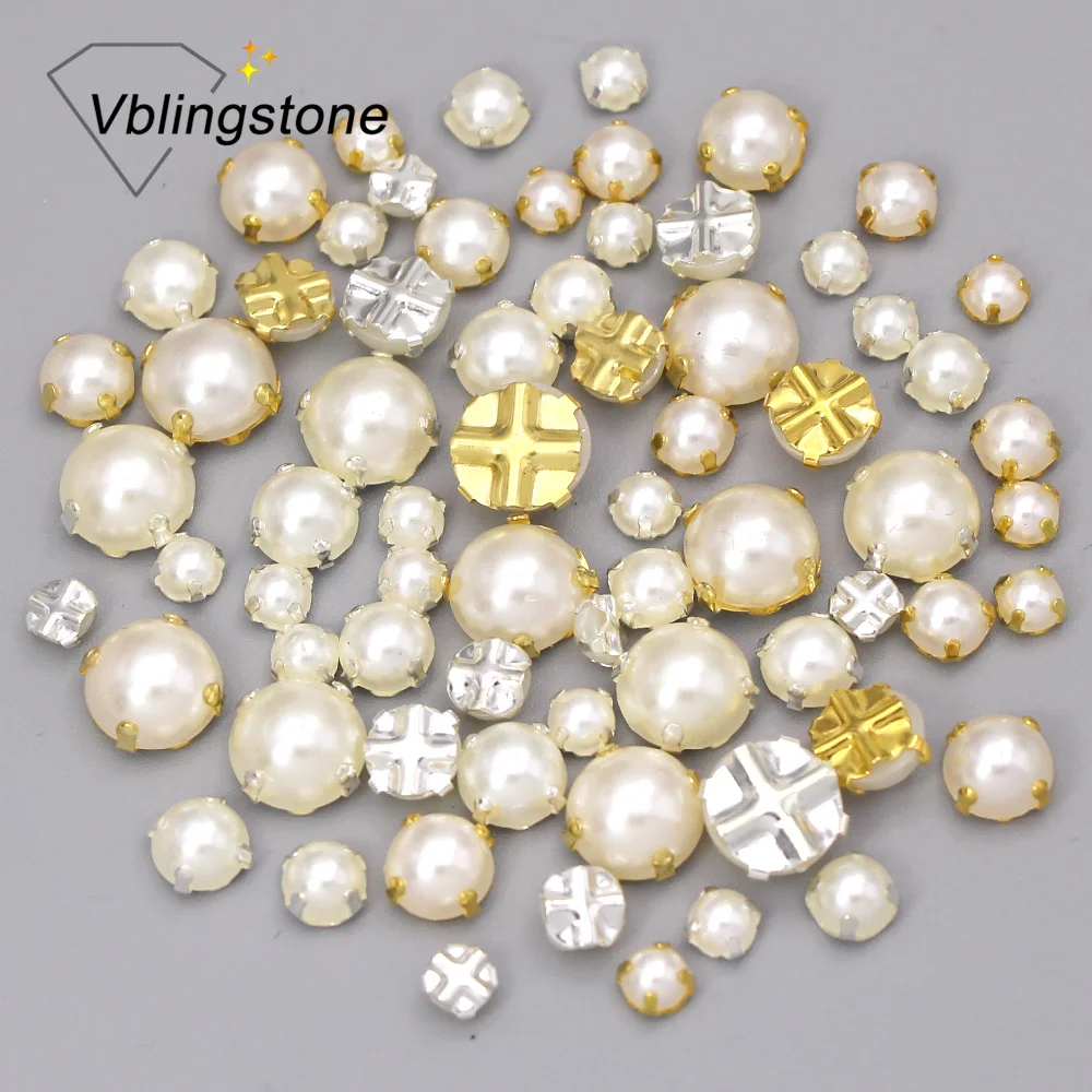 100 шт. белые жемчужные бусины для шитья Стразы с золотым/серебряным крапаном