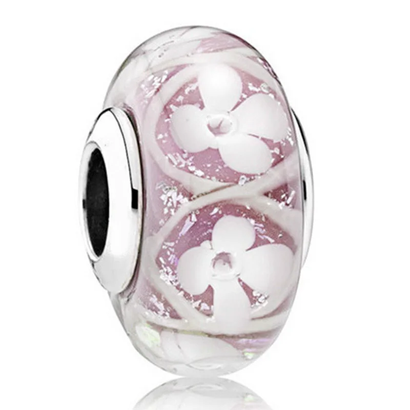 

Violet Wild Hearts Cherry Blossom Flower Lampwork Murano Glass Charm 925 Sterling Silver Beads Fit Fashion Bracelet Diy Jewelry