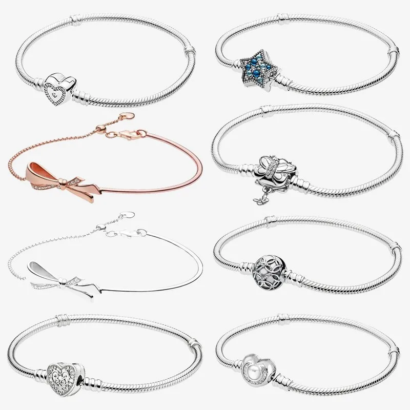 

Authentic S925 Sterling Silver Heart Texture And Bow Chain Bracelet Are Suitable For The Original Charm Of Female Diy Jewelry