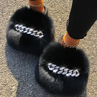 real fox sandals furry fur slippers fluffy diamond chain flip flops fur slides for women ladies house slippers beach designer