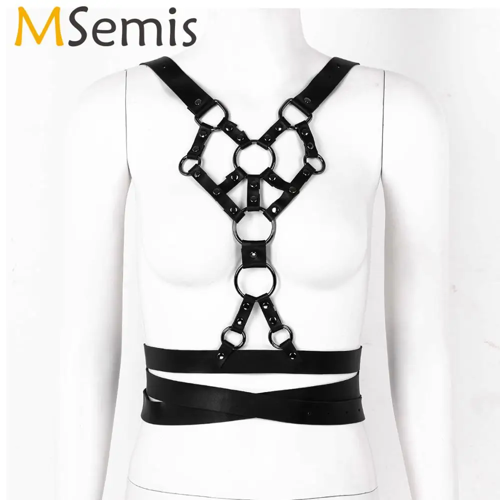 

MSemis Gothic Lingerie Leather Women Adjustable Body Chest Harness Cage Garter Belt Crop Top Pole Dance Rave Festival Clothes